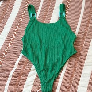 Aerie Green Crinkle Birthday Scoop Cheekiest One Piece Swimsuit size Large
